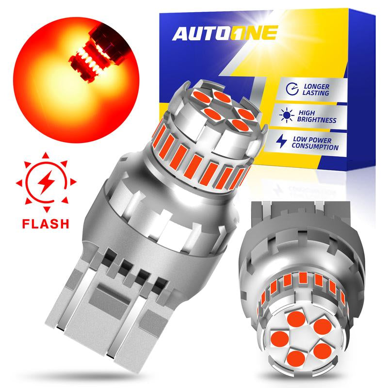 AUTOONE Red LED Strobe Tail Brake Light Bulb, Blinking CANBUS Ready 7440/7443 or 3156/3157 LED Flashing Stop Bulbs (Not Universal), 2800LM 300% Brighter Plug and Play,For Backup Light Tail Light Brake Light Turn Signal Light Parking Light, Pack of 2
