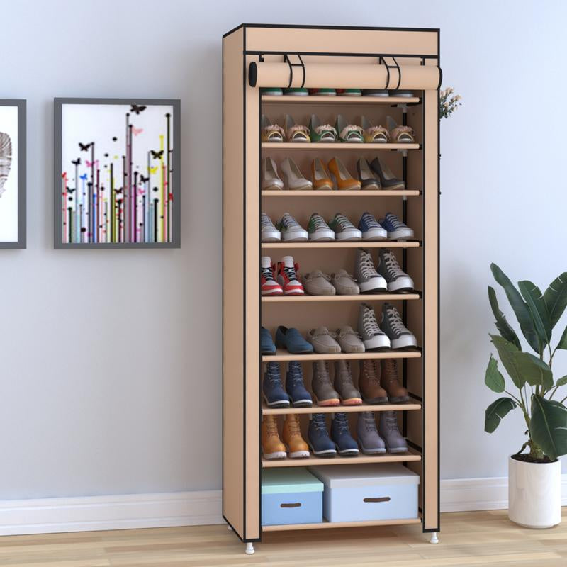 UDEAR 10 Tier Shoe Rack 9 Grids with Dustproof Cover,Adjustable Standing Shelf, High Storage Rack, Dustproof Stackable, Freestanding Shoes Organizer, Plastic, Metal, Black, Installation, Water Proof