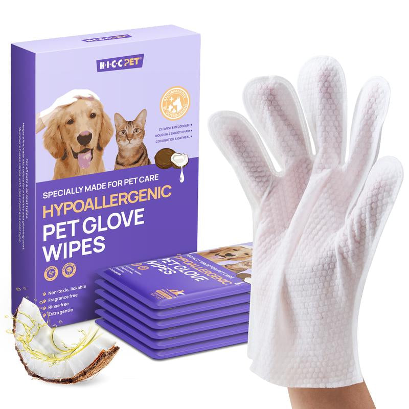 HICC PET Glove Wipes - 20 Count Disposable Deodorizing Grooming Wipes for Dogs & Cats, Hypoallergenic and No-Rinse Skin Care Solution for Easy Pet Hair Removal