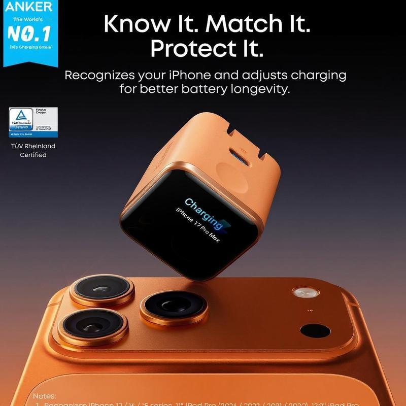 Anker Smart Display Charger - 45W Fast Charging USB-C with Smart Recognition & Care Mode, Compact Design with 180° Foldable Plug, Perfect for iPhone 17/16/15 Series, MacBook & Apple Watch
