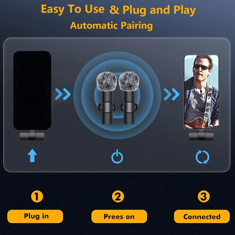 Wireless Mini Microphone Set for iPhone/Smartphone - 2 Lapel Mics with Clear Audio, Noise Reduction, Perfect for Video Recording, Interviews, and Vlogs