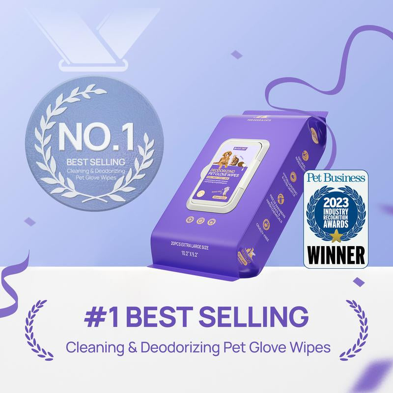 HICC PET Glove Wipes - 20 Count Disposable Deodorizing Grooming Wipes for Dogs & Cats, Hypoallergenic and No-Rinse Skin Care Solution for Easy Pet Hair Removal