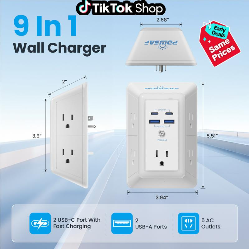 POWSAF 5-Outlet Surge Protector Power Strip with 4 USB Ports (Including 2 Fast USB-C Ports) and Night Light, 3-Sided Design with Adapter Spaced Outlets - ETL Certified