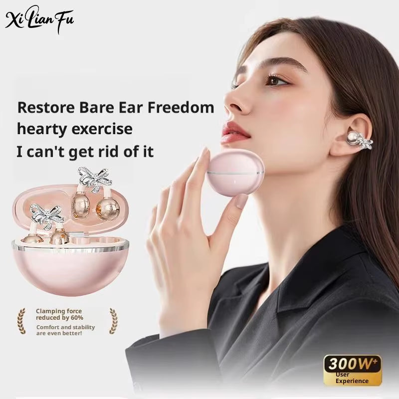 Stylish Clip-On Bluetooth Earbuds with Detachable Crystal Bowknot Earrings - Perfect for Sports, Fitness & Workouts