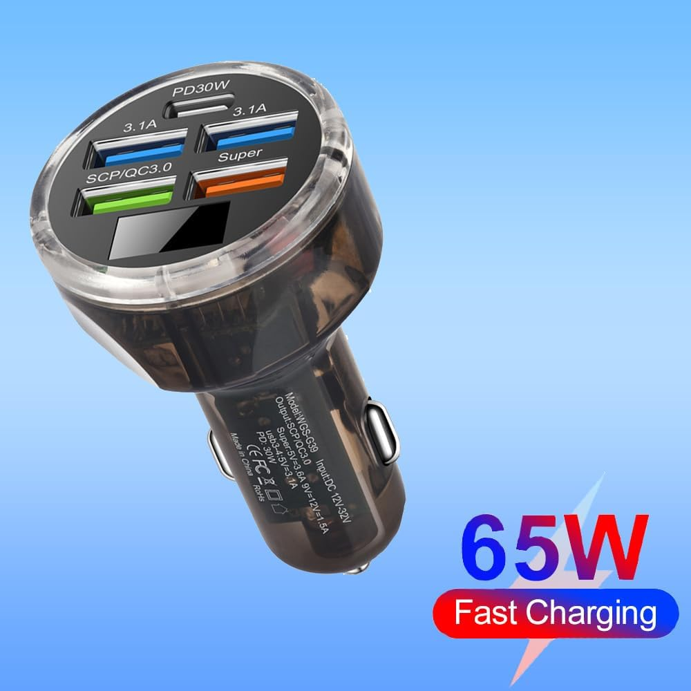 Experience Lightning Fast Charging with Our 5-Port USB C Car Charger Adapter - Perfect for iPhone, Android, Samsung, and More!