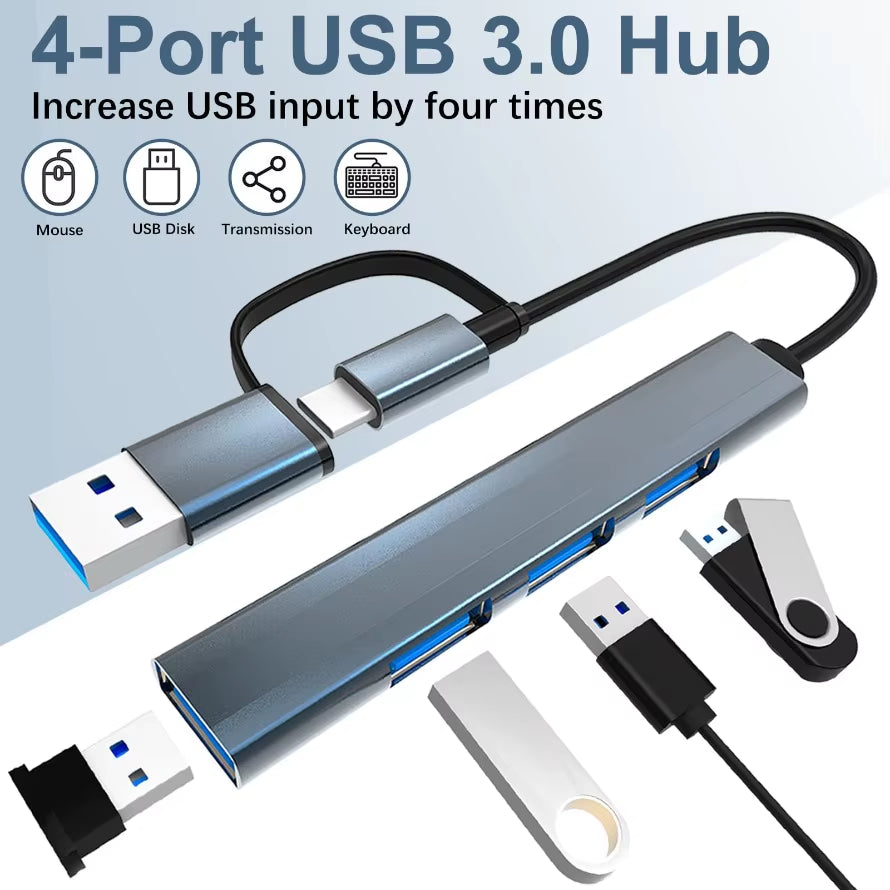 Ultra-Fast 4-in-2 USB 3.0 & USB-C Hub Multiport Splitter - 5Gbps Data Transfer for PCs and Laptops