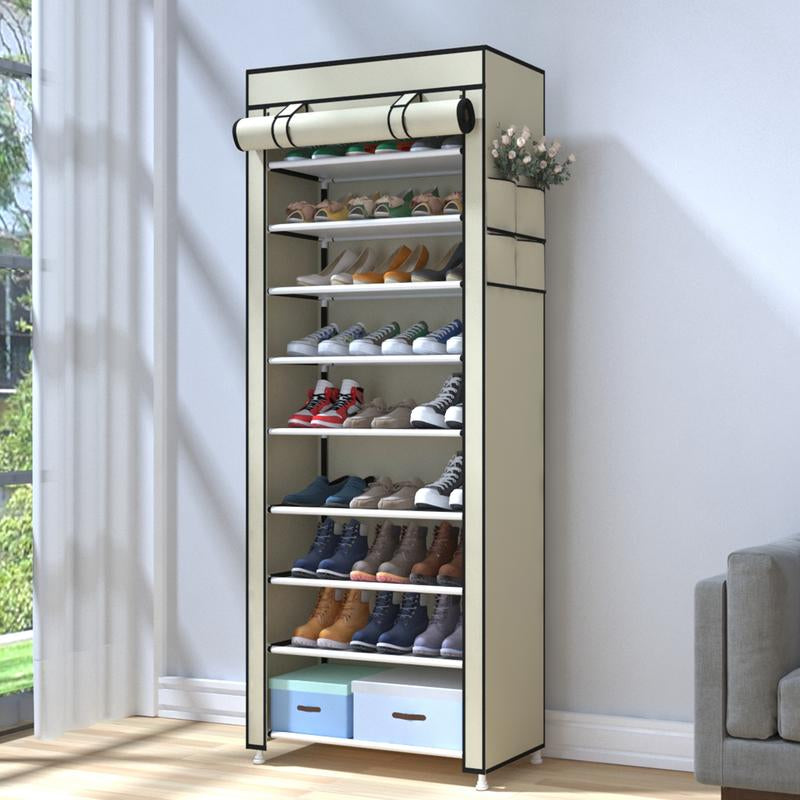 UDEAR 10 Tier Shoe Rack 9 Grids with Dustproof Cover,Adjustable Standing Shelf, High Storage Rack, Dustproof Stackable, Freestanding Shoes Organizer, Plastic, Metal, Black, Installation, Water Proof