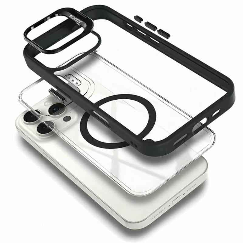 Apple Magnetic Mobile Phone Case with MagSafe Camera Ring Holder for Models 12-17, Military-Grade Protection, Anti-Fall, Non-Yellowing, Wireless Silicone Cover, Black