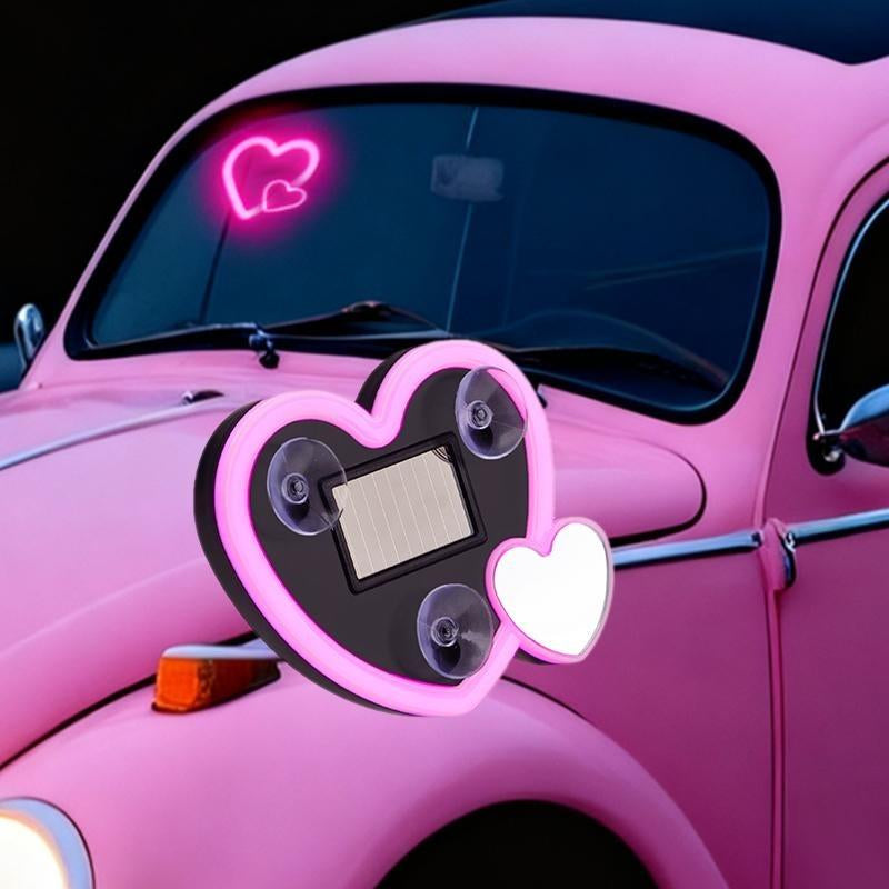 Symphony Love Atmosphere Light Solar-Powered Car LED Window Decorative Double Heart-Shaped Neon Light Wire-Free with 1 Suction Cup for Car Interior Fun Ambient Light Eco-Friendly Design