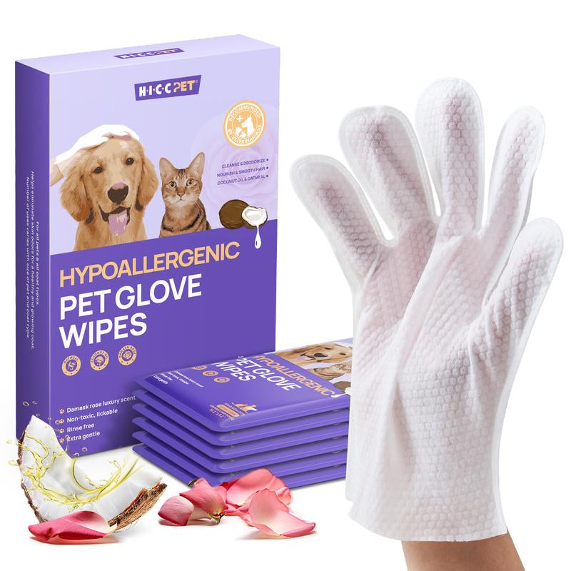 HICC PET Glove Wipes - 20 Count Disposable Deodorizing Grooming Wipes for Dogs & Cats, Hypoallergenic and No-Rinse Skin Care Solution for Easy Pet Hair Removal