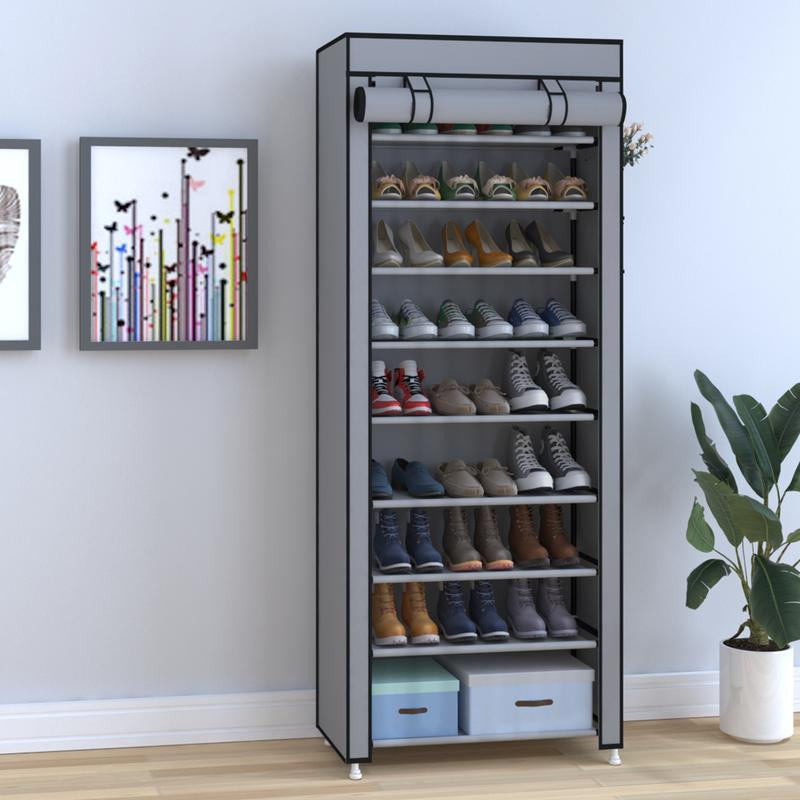 UDEAR 10 Tier Shoe Rack 9 Grids with Dustproof Cover,Adjustable Standing Shelf, High Storage Rack, Dustproof Stackable, Freestanding Shoes Organizer, Plastic, Metal, Black, Installation, Water Proof