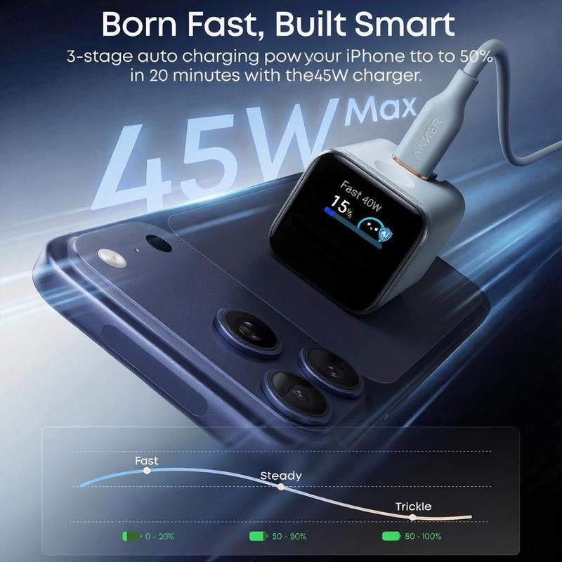 Anker Smart Display Charger - 45W Fast Charging USB-C with Smart Recognition & Care Mode, Compact Design with 180° Foldable Plug, Perfect for iPhone 17/16/15 Series, MacBook & Apple Watch
