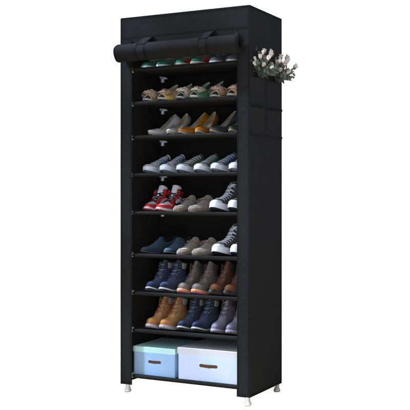 UDEAR 10 Tier Shoe Rack 9 Grids with Dustproof Cover,Adjustable Standing Shelf, High Storage Rack, Dustproof Stackable, Freestanding Shoes Organizer, Plastic, Metal, Black, Installation, Water Proof