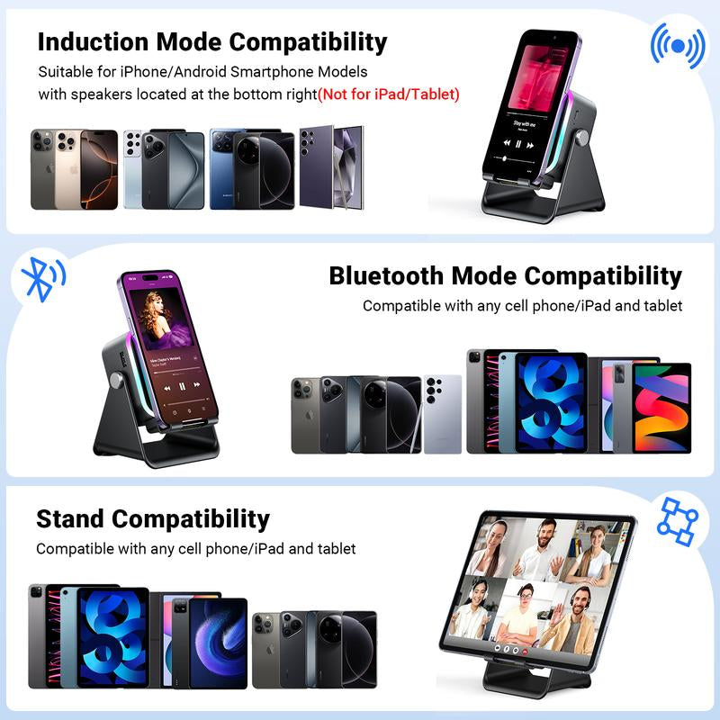 Wireless Induction Audio Speaker Stand with 5-in-1 Cellphone Holder, 3500mAh Rechargeable Power Bank, 360° Adjustable Mobile Tablet Stand, and Colorful Ambient Light - Ideal Gift for Men and Women