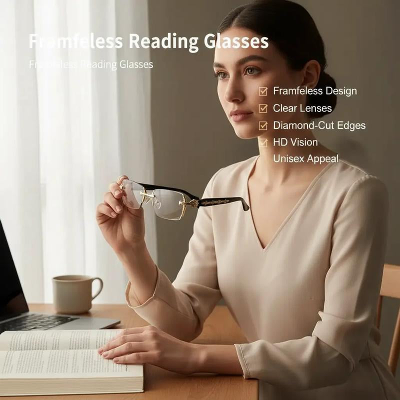 Sleek Frameless Reading Glasses with Diamond-Cut Edges and Stylish Metal Temples - HD Vision for Reading, Gaming, and Daily Wear - Unisex Design