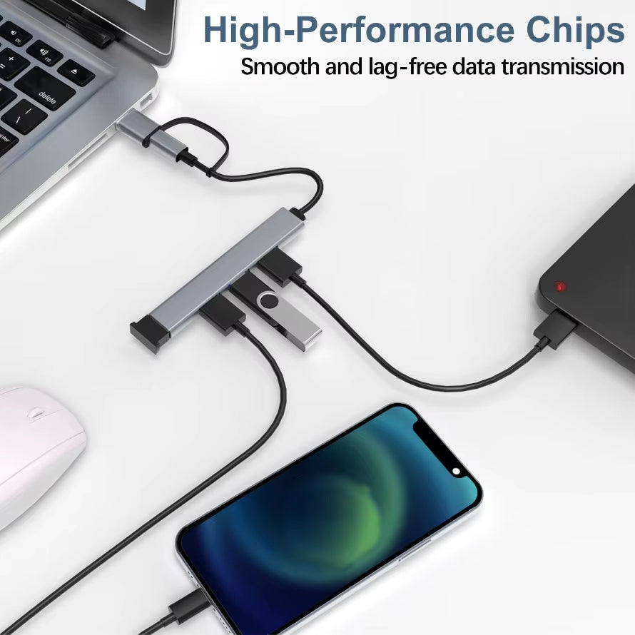Ultra-Fast 4-in-2 USB 3.0 & USB-C Hub Multiport Splitter - 5Gbps Data Transfer for PCs and Laptops