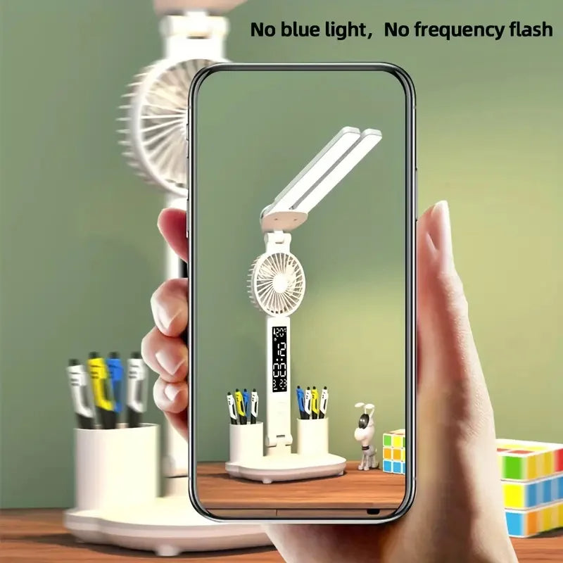 Transform Your Workspace with the Foldable LED Table Light: A Multifunctional Desk Lamp with Thermometer, Calendar, Fan, and Pen Holder