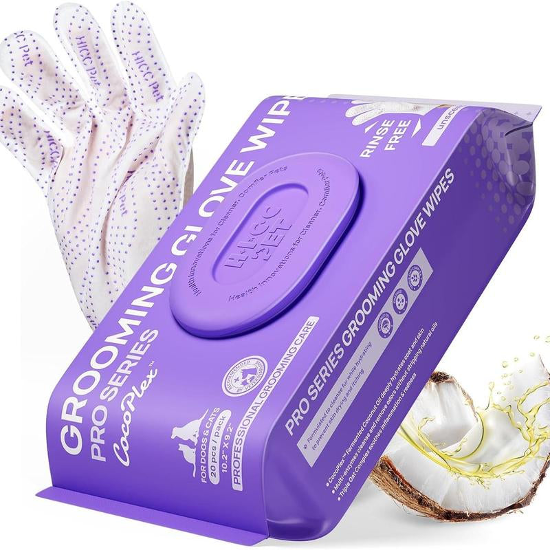 HICC PET Glove Wipes - 20 Count Disposable Deodorizing Grooming Wipes for Dogs & Cats, Hypoallergenic and No-Rinse Skin Care Solution for Easy Pet Hair Removal