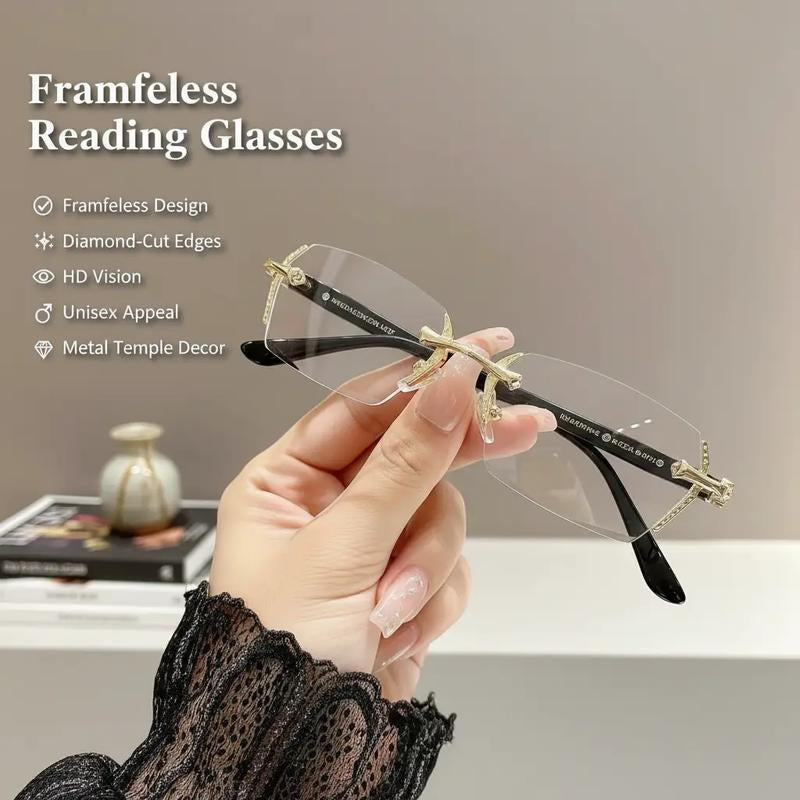 Sleek Frameless Reading Glasses with Diamond-Cut Edges and Stylish Metal Temples - HD Vision for Reading, Gaming, and Daily Wear - Unisex Design