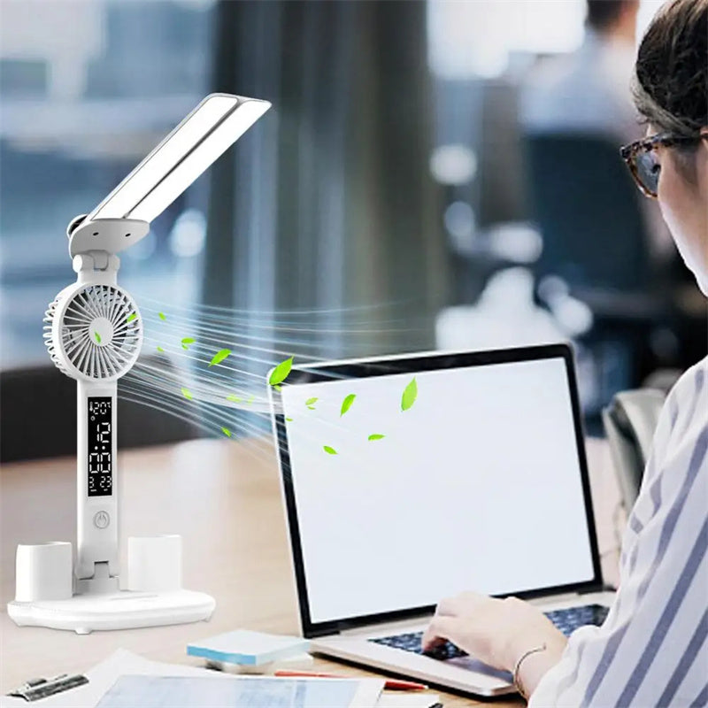 Transform Your Workspace with the Foldable LED Table Light: A Multifunctional Desk Lamp with Thermometer, Calendar, Fan, and Pen Holder