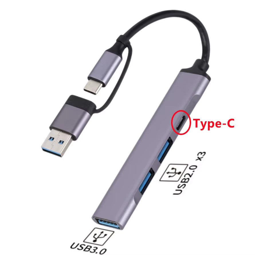 Ultra-Fast 4-in-2 USB 3.0 & USB-C Hub Multiport Splitter - 5Gbps Data Transfer for PCs and Laptops