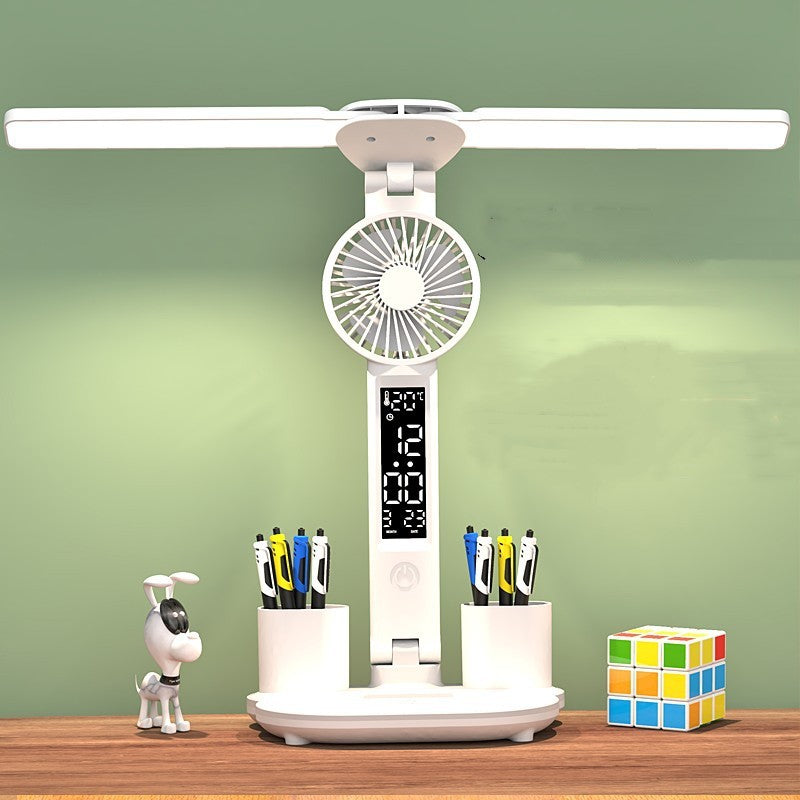 Transform Your Workspace with the Foldable LED Table Light: A Multifunctional Desk Lamp with Thermometer, Calendar, Fan, and Pen Holder