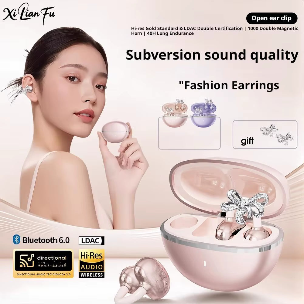 Stylish Clip-On Bluetooth Earbuds with Detachable Crystal Bowknot Earrings - Perfect for Sports, Fitness & Workouts