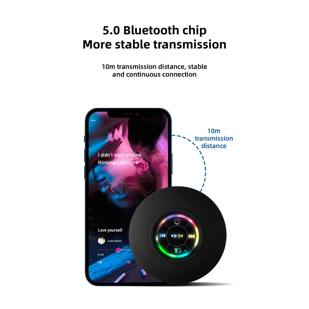 Ultimate Compact Waterproof Bluetooth Shower Speaker with RGB Lights - Suction Cup for Effortless Bathroom Enjoyment, White