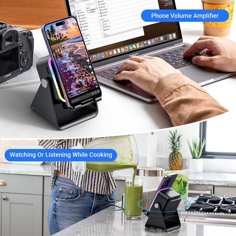 Wireless Induction Audio Speaker Stand with 5-in-1 Cellphone Holder, 3500mAh Rechargeable Power Bank, 360° Adjustable Mobile Tablet Stand, and Colorful Ambient Light - Ideal Gift for Men and Women