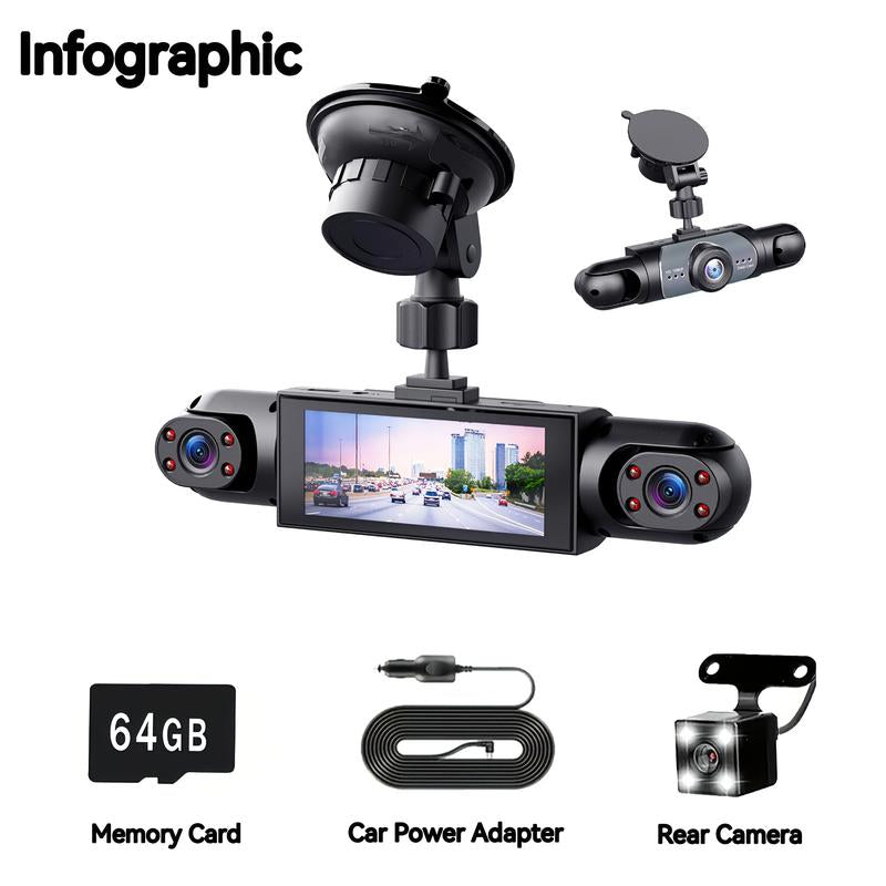 4-Channel 1080P Car Dash Cam with Night Vision & 64GB Memory Card - 24/7 Parking Surveillance System for Front, Rear, and Side Protection