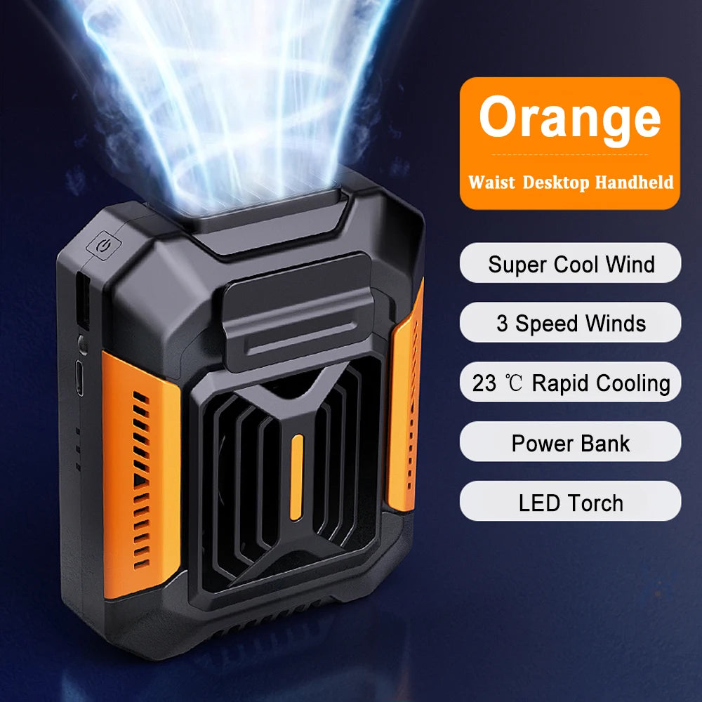 Stay Cool Anywhere: Mini Rechargeable Waist Fan with 4000mAh Power Bank & LED Light for Outdoor Adventures