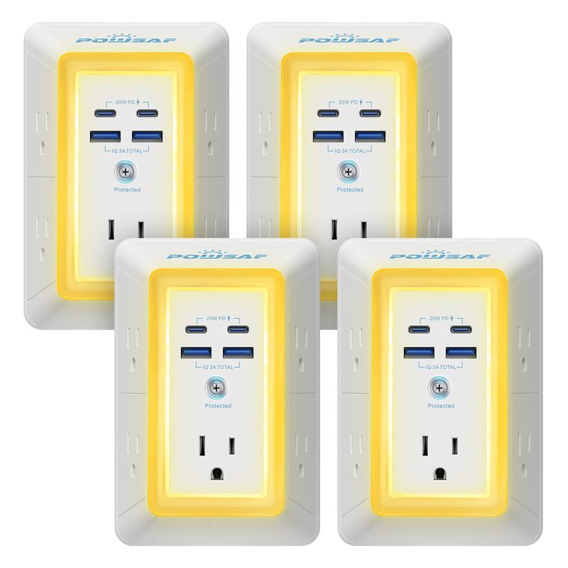 POWSAF 5-Outlet Surge Protector Power Strip with 4 USB Ports (Including 2 Fast USB-C Ports) and Night Light, 3-Sided Design with Adapter Spaced Outlets - ETL Certified