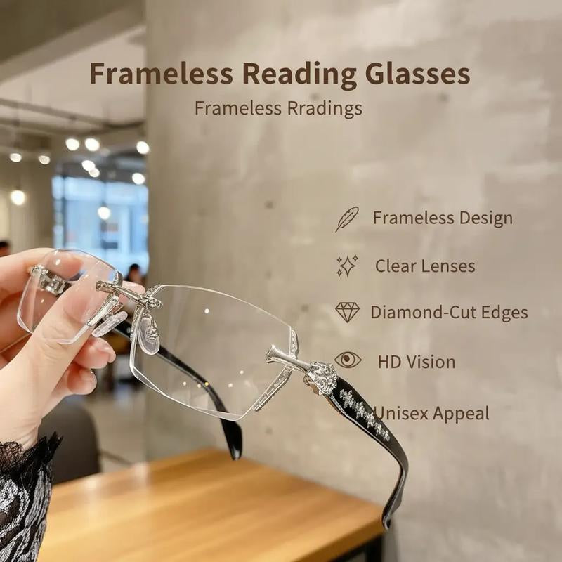 Sleek Frameless Reading Glasses with Diamond-Cut Edges and Stylish Metal Temples - HD Vision for Reading, Gaming, and Daily Wear - Unisex Design