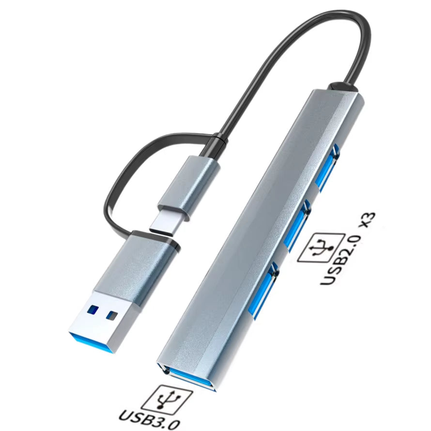 Ultra-Fast 4-in-2 USB 3.0 & USB-C Hub Multiport Splitter - 5Gbps Data Transfer for PCs and Laptops