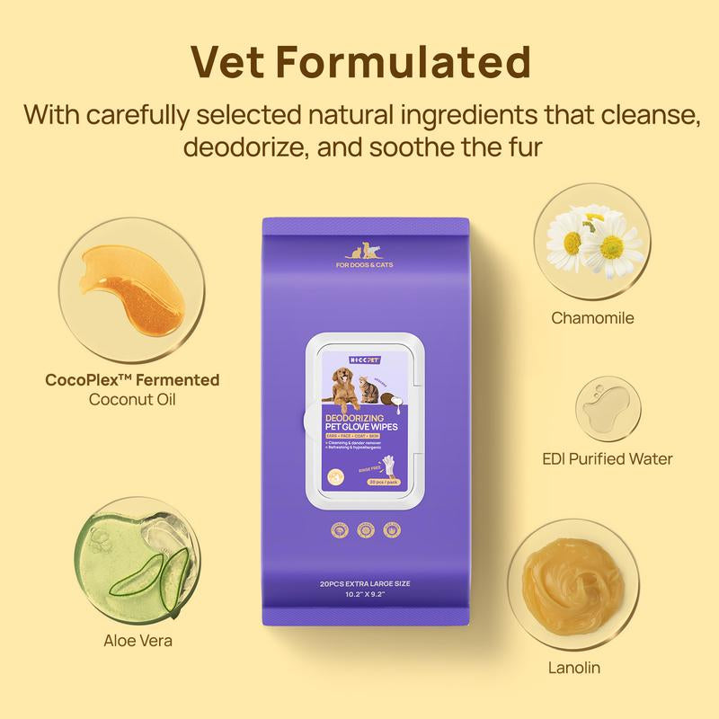 HICC PET Glove Wipes - 20 Count Disposable Deodorizing Grooming Wipes for Dogs & Cats, Hypoallergenic and No-Rinse Skin Care Solution for Easy Pet Hair Removal