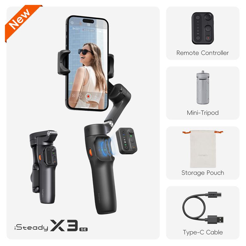 Hohem Isteady X3 SE 3-Axis Gimbal Stabilizer for Smartphones with Detachable Remote Control – Portable and Foldable Design for iPhone and Android, Perfect for Travel Vlogging