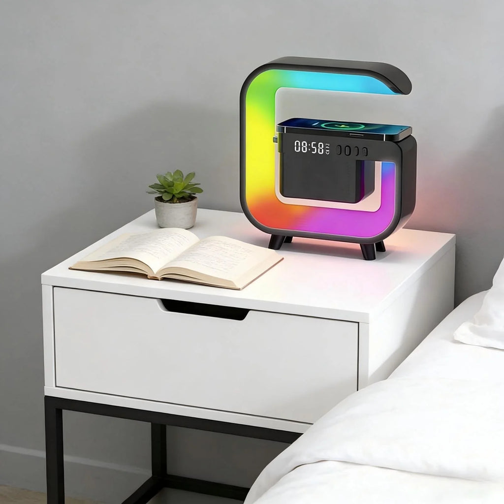 Transform Your Space with the 4-In-1 Smart Table Lamp: Wireless Charging, Alarm Clock, Bluetooth Speaker, and Color Changing Lights - Ideal Gift for Home or Office!