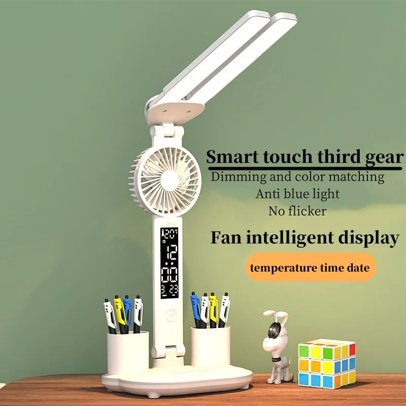 Transform Your Workspace with the Foldable LED Table Light: A Multifunctional Desk Lamp with Thermometer, Calendar, Fan, and Pen Holder