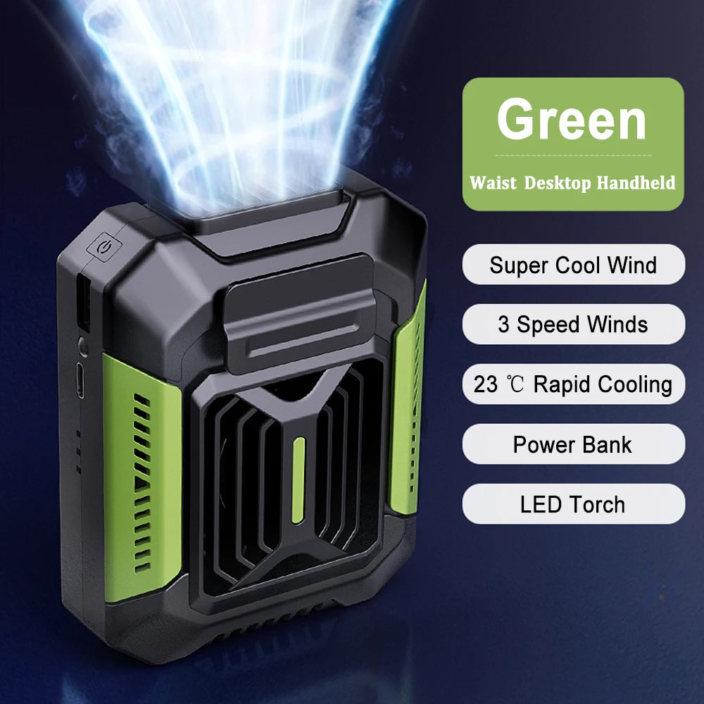 Stay Cool Anywhere: Mini Rechargeable Waist Fan with 4000mAh Power Bank & LED Light for Outdoor Adventures